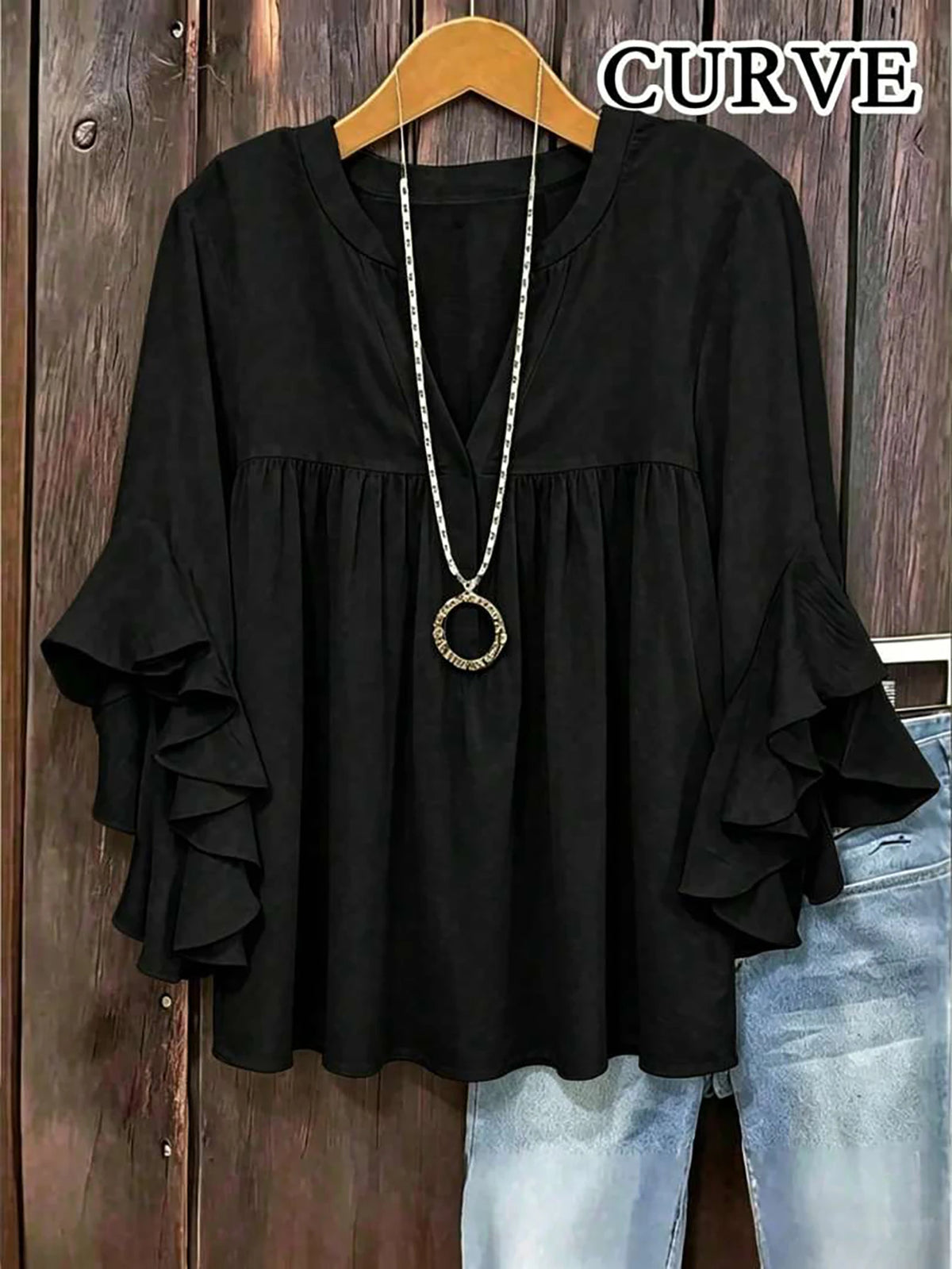 Plus Size Women's Solid Color Ruffle Sleeve V-Neck Blouse White