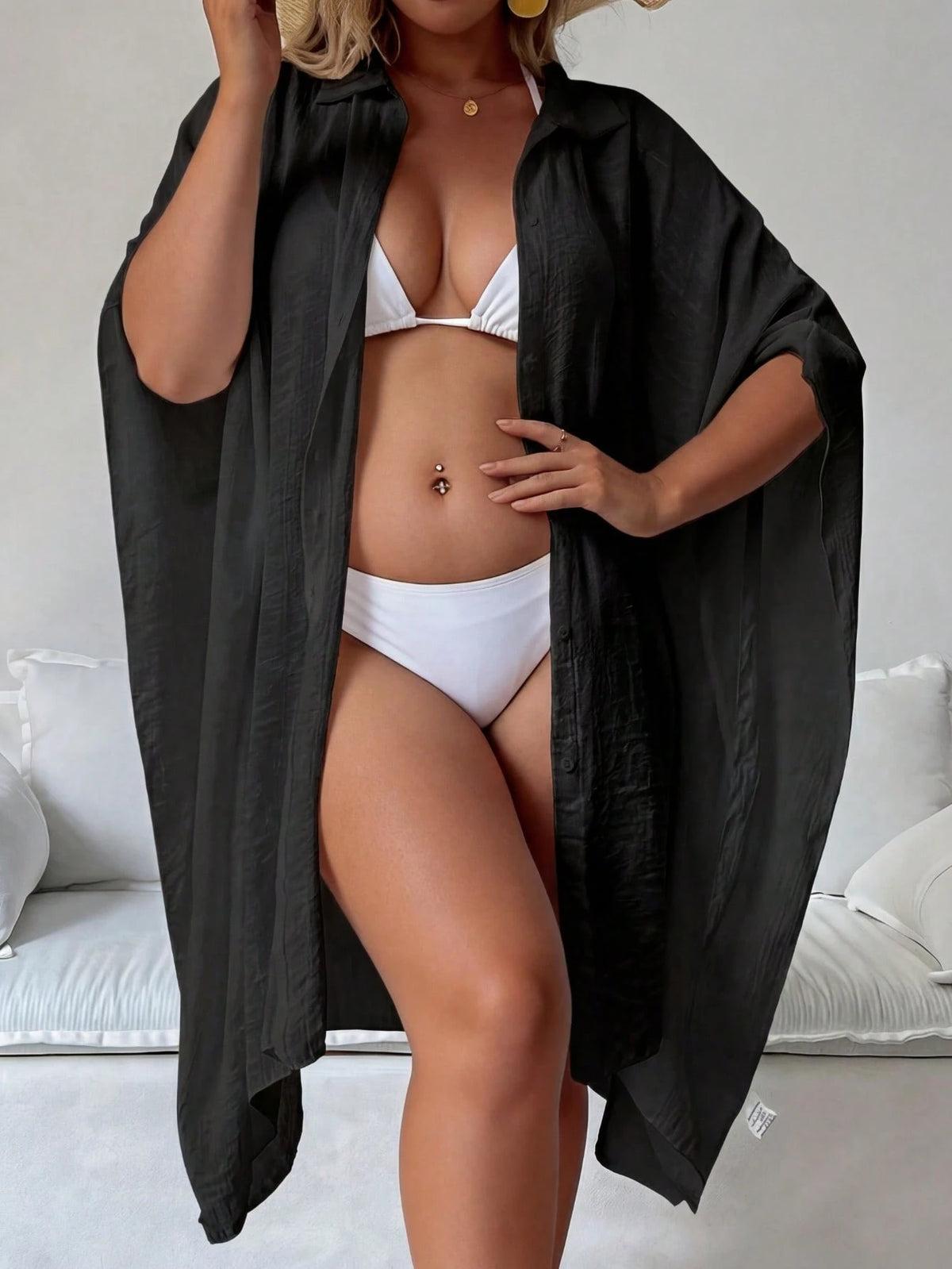 Plus Size Women Summer Black Batwing 3/4 Sleeve Shirt, Blouse, Single-Breasted Shirt, Solid Color Jacket, Comfortable Ultra-Thin Breathable; Party Dress, Women Easter Blouse, Beach Holiday Wear Summer