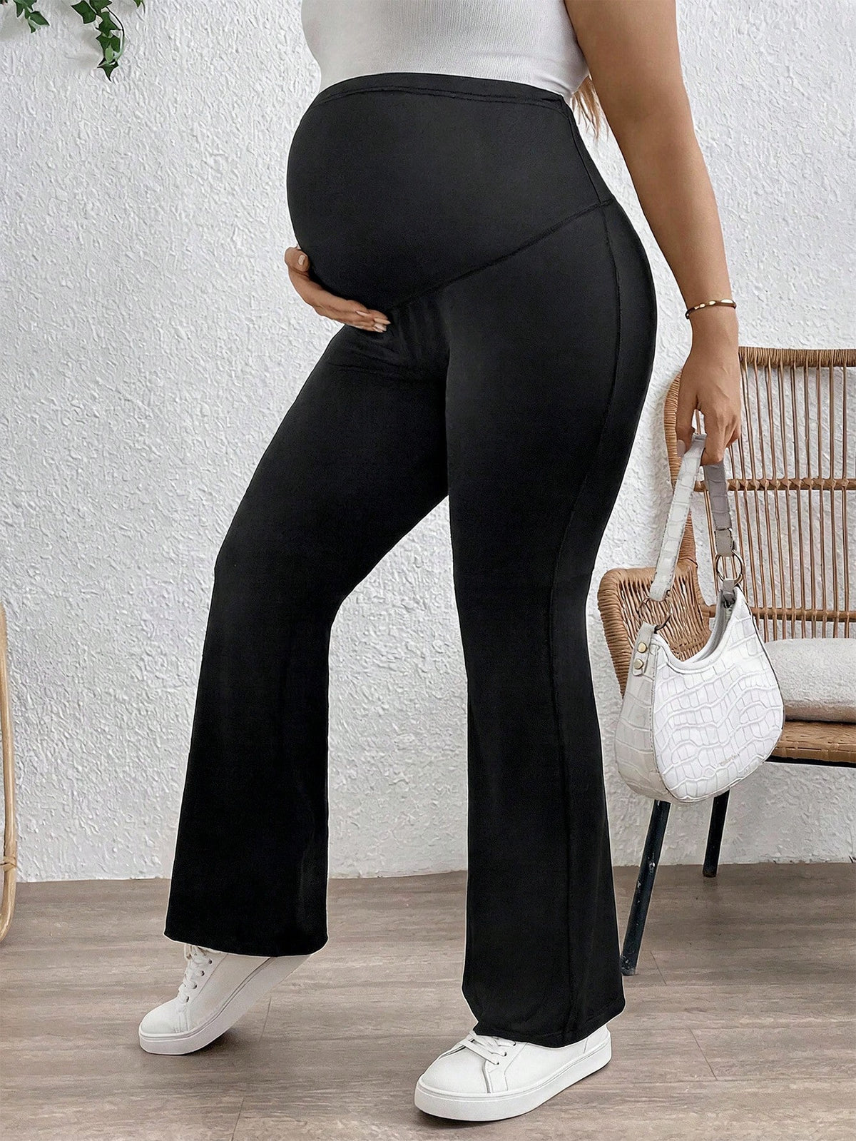 Plussiva Maternity Casual Adjustable Waist Solid Color Flare Pants Fall