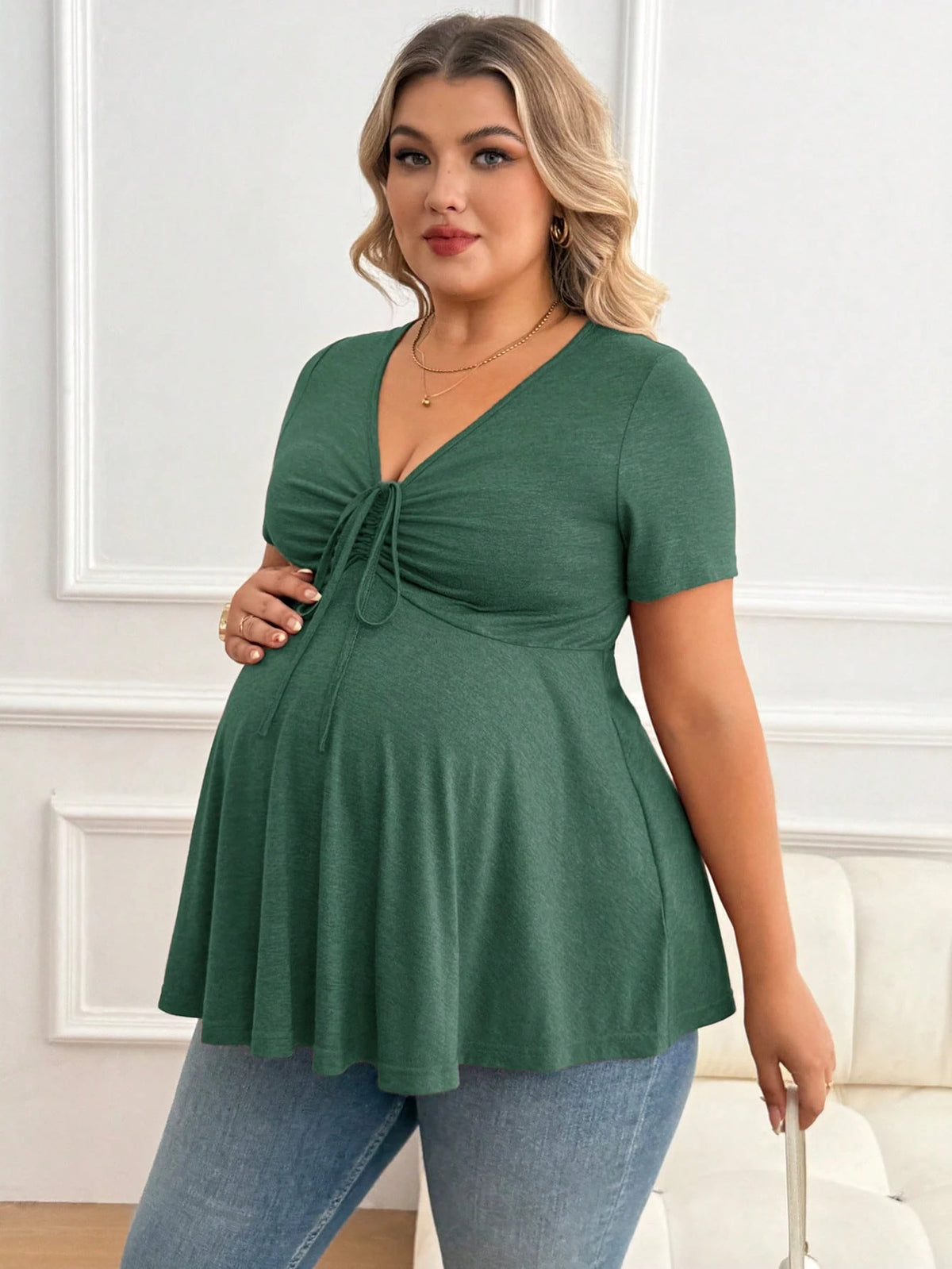 Plussiva Maternity Plus Size Solid V-Neck Short Sleeve Tie Front Casual Breathable Top