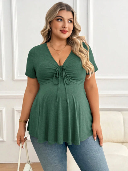 Plussiva Maternity Plus Size Solid V-Neck Short Sleeve Tie Front Casual Breathable Top