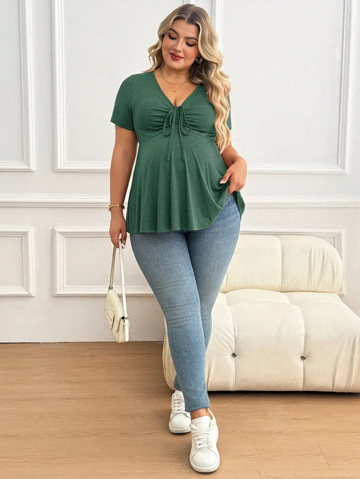 Plussiva Maternity Plus Size Solid V-Neck Short Sleeve Tie Front Casual Breathable Top