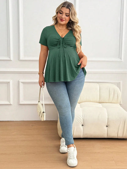 Plussiva Maternity Plus Size Solid V-Neck Short Sleeve Tie Front Casual Breathable Top