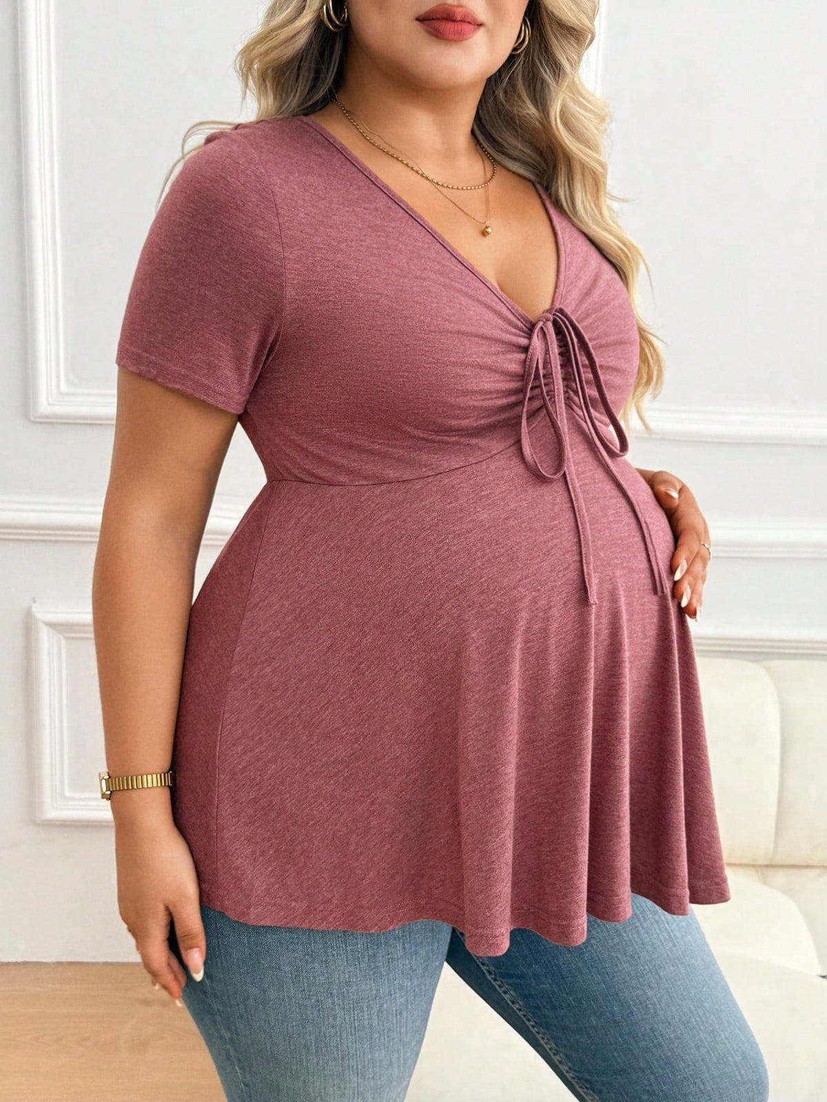 Plussiva Maternity Plus Size Solid V-Neck Short Sleeve Tie Front Casual Breathable Top