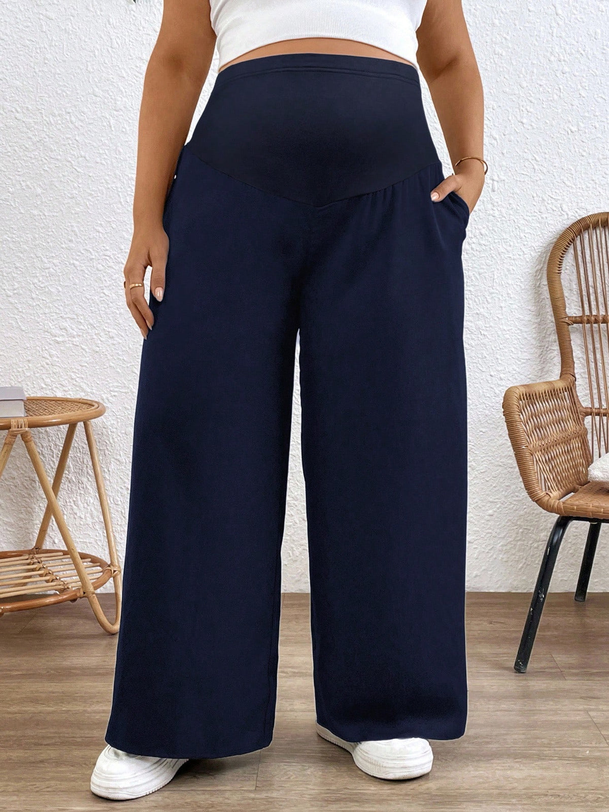 Plussiva Plus Size Maternity Adjustable Waist Casual Loose Wide Leg Pants Fall