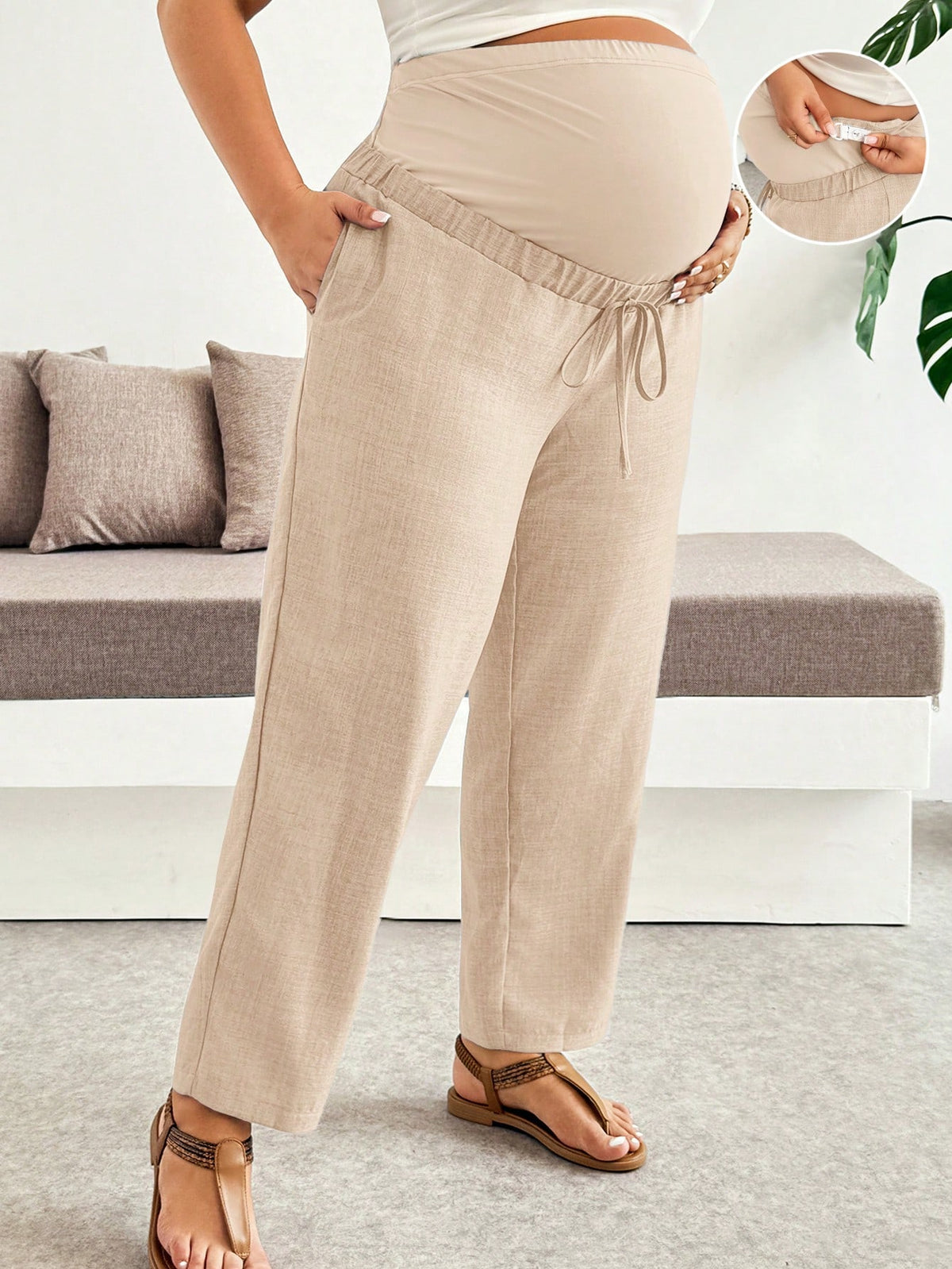 Plussiva Plus Size Maternity Adjustable Waistband Tie-Up Casual Vacation Long Pants With Pockets Gender Reveal Summer