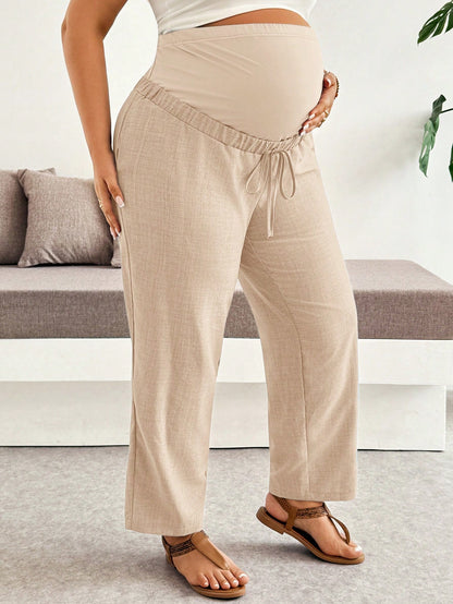 Plussiva Plus Size Maternity Adjustable Waistband Tie-Up Casual Vacation Long Pants With Pockets Gender Reveal Summer
