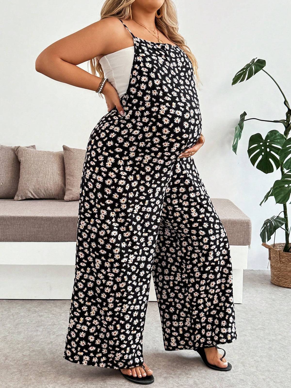 Plussiva Plus Size Maternity Jumpsuit For Summer Black Floral Jumpsuit-Comfortable And Casual Vacation Style All-Over Print Daily Wear Maternity
