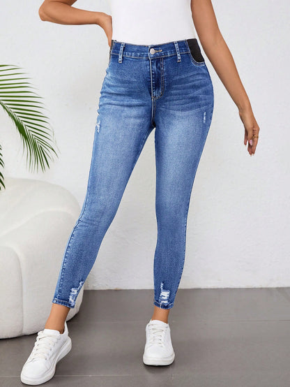 Plussiva Plus Size Maternity Skinny Blue Jeans Women,Autumn Casual Light Wash Washed Distressed Hem Denim Pants,Vintage Y2k Streetwear Birthday Night Out Work