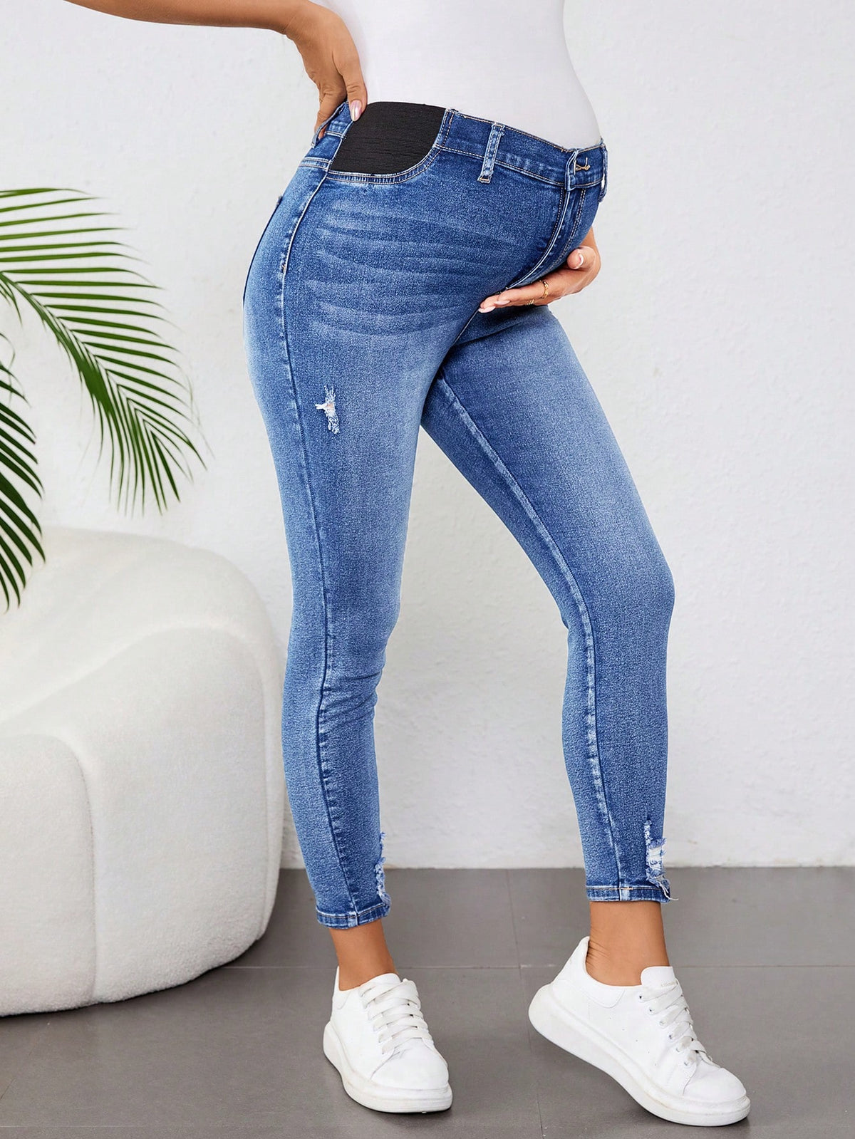 Plussiva Plus Size Maternity Skinny Blue Jeans Women,Autumn Casual Light Wash Washed Distressed Hem Denim Pants,Vintage Y2k Streetwear Birthday Night Out Work
