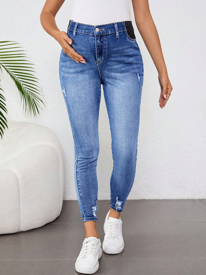 Plussiva Plus Size Maternity Skinny Blue Jeans Women,Autumn Casual Light Wash Washed Distressed Hem Denim Pants,Vintage Y2k Streetwear Birthday Night Out Work