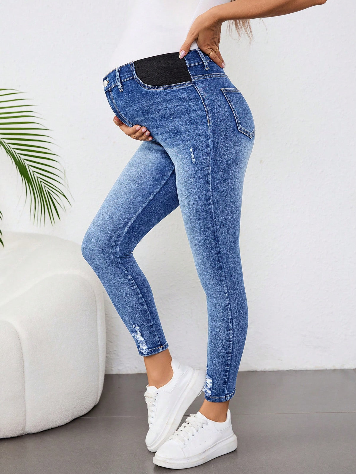Plussiva Plus Size Maternity Skinny Blue Jeans Women,Autumn Casual Light Wash Washed Distressed Hem Denim Pants,Vintage Y2k Streetwear Birthday Night Out Work