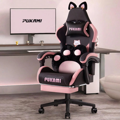 PUKAMI Cute Gaming Chair With Cat Ears & Cat Paw Lumbar Support, Ergonomic Reclining PC Chair For Girls, With Footrest, Headrest & Adjustable Features