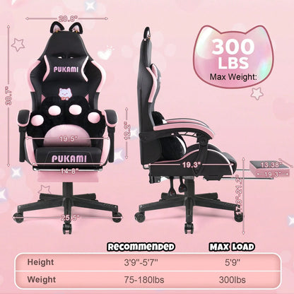 PUKAMI Cute Gaming Chair With Cat Ears & Cat Paw Lumbar Support, Ergonomic Reclining PC Chair For Girls, With Footrest, Headrest & Adjustable Features