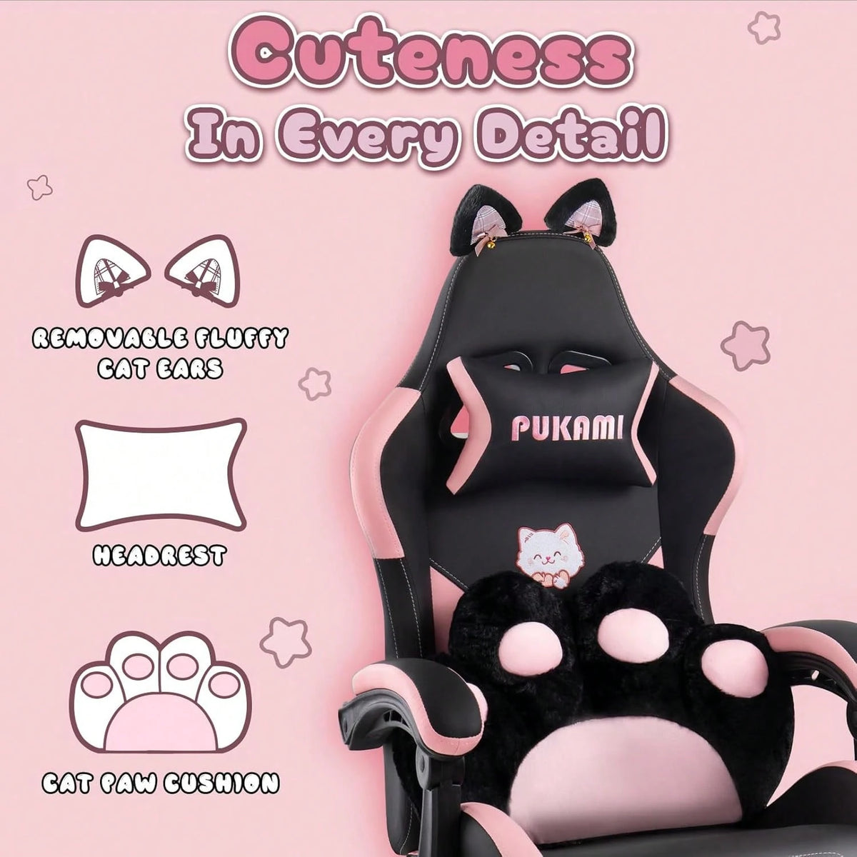 PUKAMI Cute Gaming Chair With Cat Ears & Cat Paw Lumbar Support, Ergonomic Reclining PC Chair For Girls, With Footrest, Headrest & Adjustable Features
