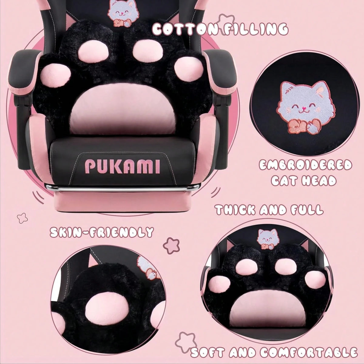 PUKAMI Cute Gaming Chair With Cat Ears & Cat Paw Lumbar Support, Ergonomic Reclining PC Chair For Girls, With Footrest, Headrest & Adjustable Features