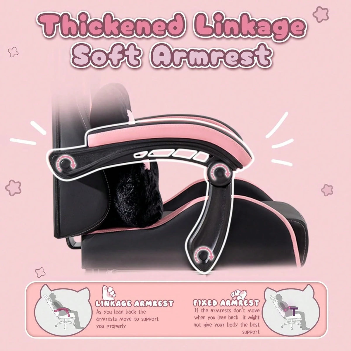 PUKAMI Cute Gaming Chair With Cat Ears & Cat Paw Lumbar Support, Ergonomic Reclining PC Chair For Girls, With Footrest, Headrest & Adjustable Features