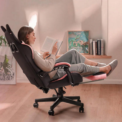 PUKAMI Cute Gaming Chair With Cat Ears & Cat Paw Lumbar Support, Ergonomic Reclining PC Chair For Girls, With Footrest, Headrest & Adjustable Features