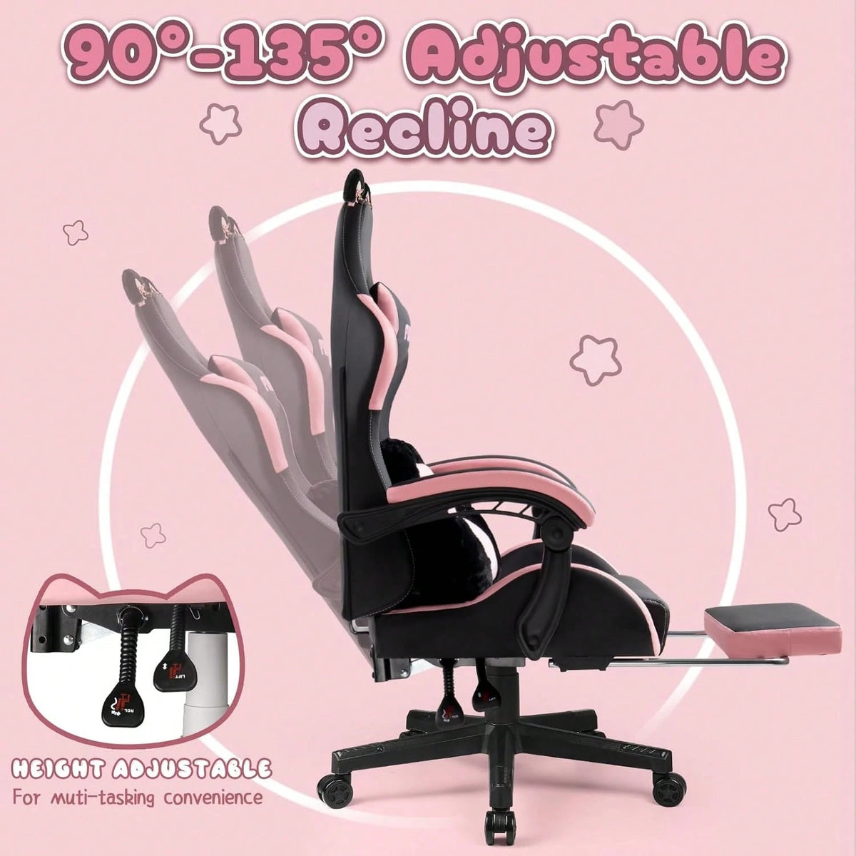 PUKAMI Cute Gaming Chair With Cat Ears & Cat Paw Lumbar Support, Ergonomic Reclining PC Chair For Girls, With Footrest, Headrest & Adjustable Features