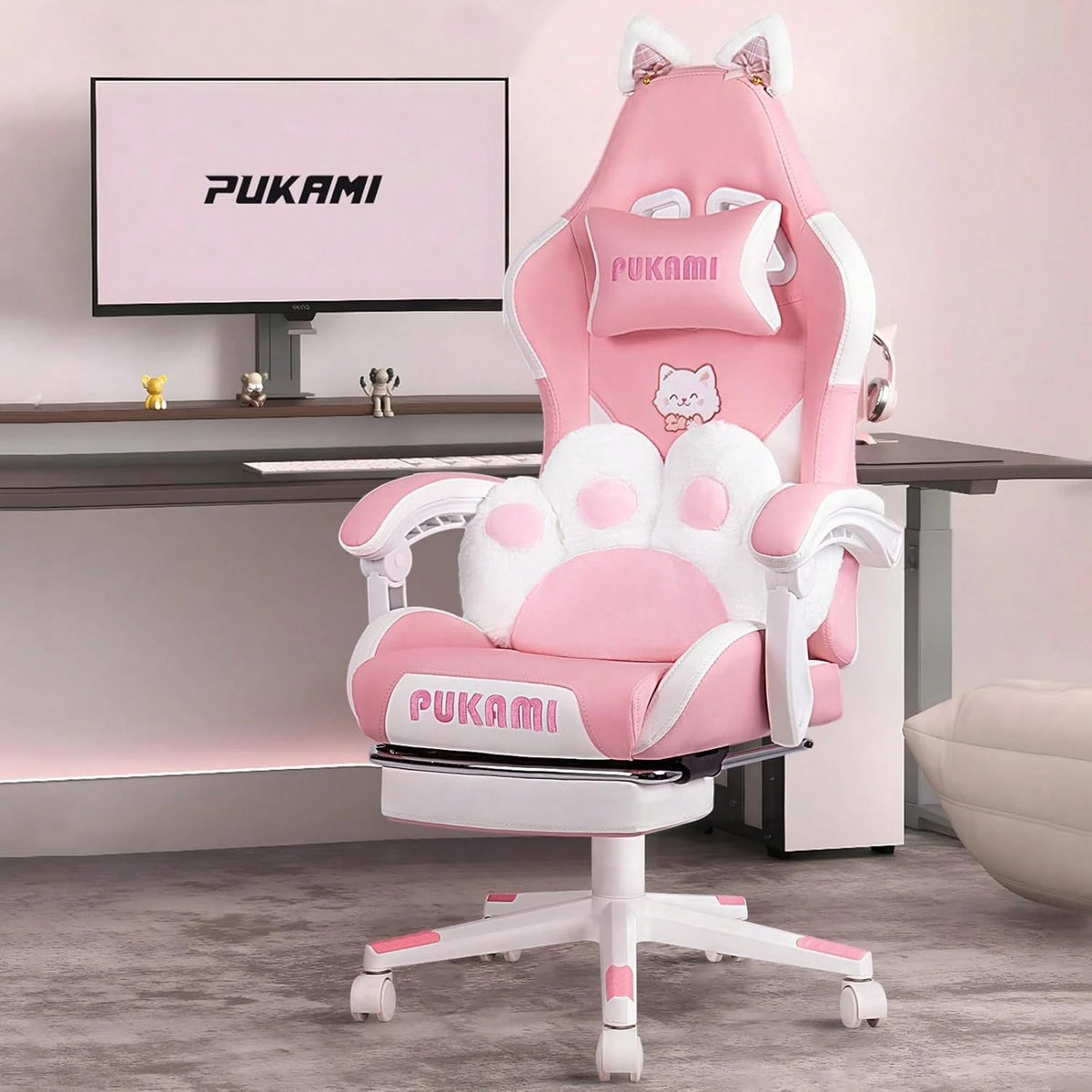PUKAMI Cute Gaming Chair With Cat Ears & Cat Paw Lumbar Support, Ergonomic Reclining PC Chair For Girls, With Footrest, Headrest & Adjustable Features