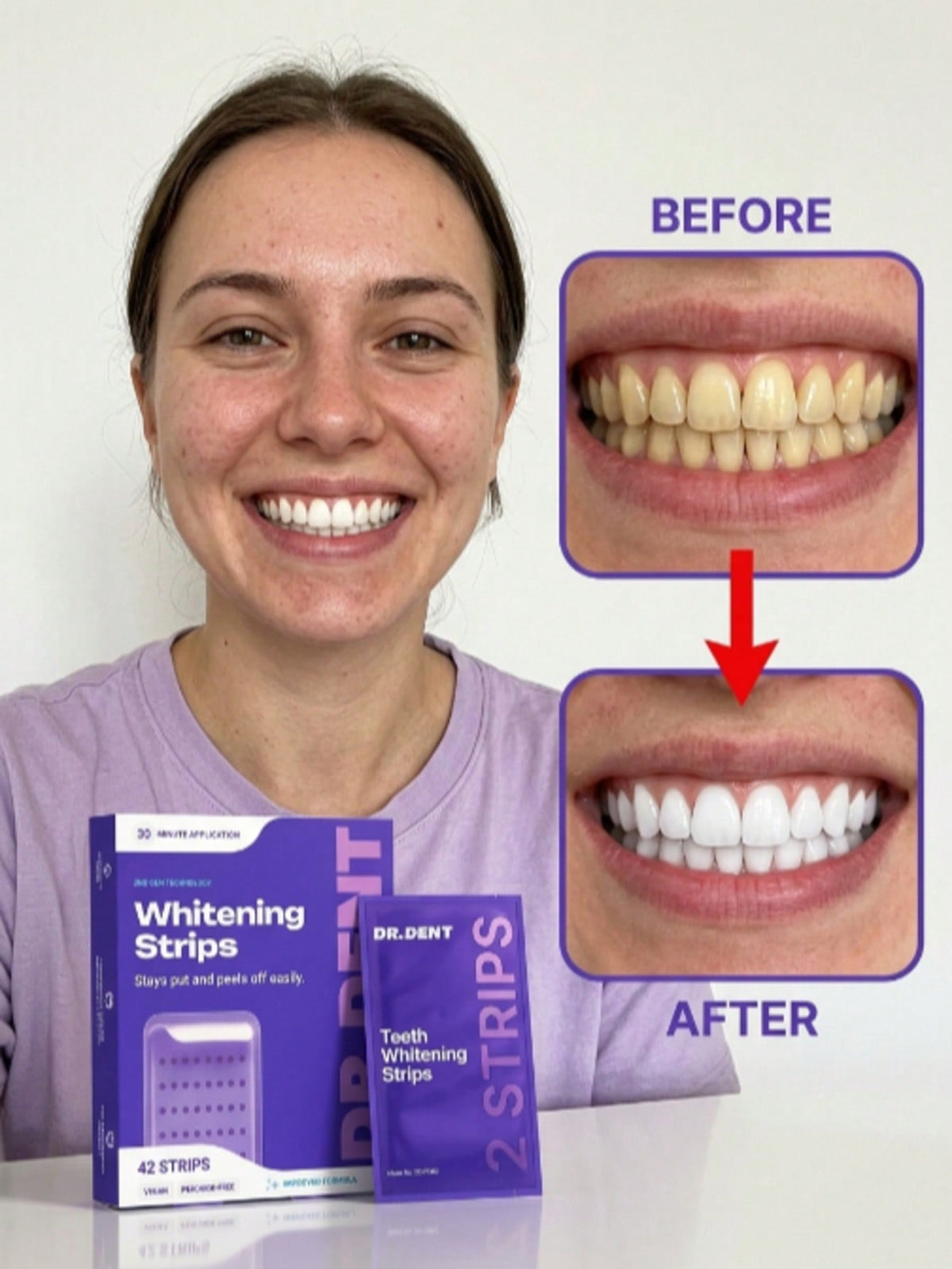 Purple Teeth Whitening Strips With Nano-Hydroxyapatite, 21 Applications For Sensitive Teeth, 30Min Fast Stain Remover For Yellow Teeth