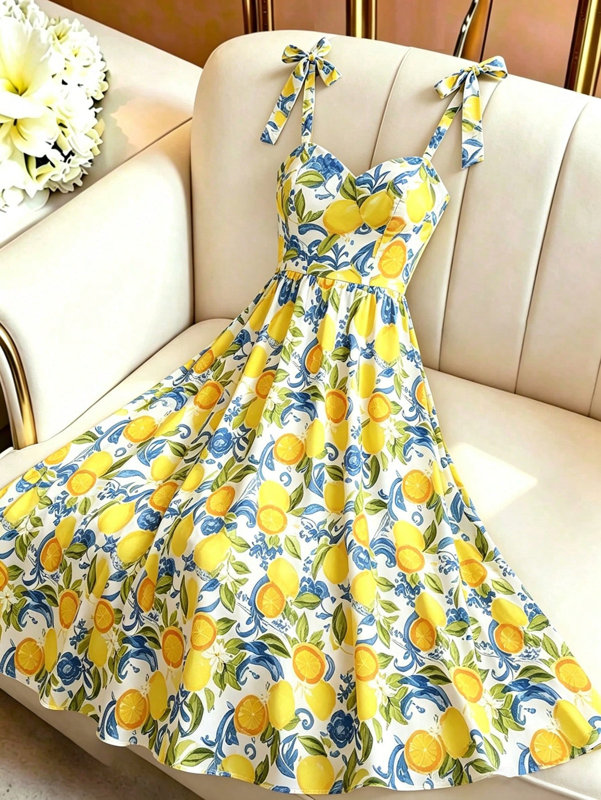 Qadelle Women's Summer Tie Shoulder Decor Beach Vacation Holiday Casual Long Dress With Lemon Floral Print