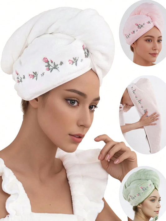 QIBHI 1/2/3pcs Optional, Coral Fleece Solid Color Embroidered Dry Hair Cap (One Size) Floral Women's Dry Hair Cap, Bathroom Decor, Elegant Rose Flower, Bath Cap, Absorbent And Soft, Suitable For Bathr