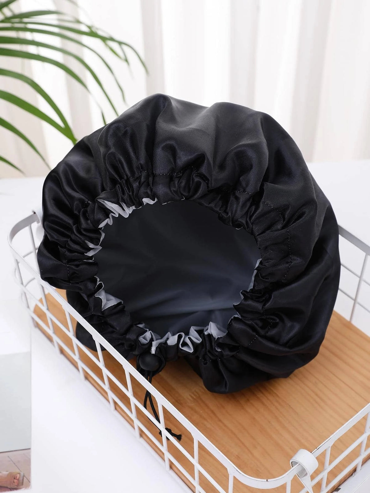 QINGMYU Double Layer Waterproof Drawstring Adjustable Shower Cap, Solid Color Black, Pink Home Bathroom Decor Fall Decor Back To School