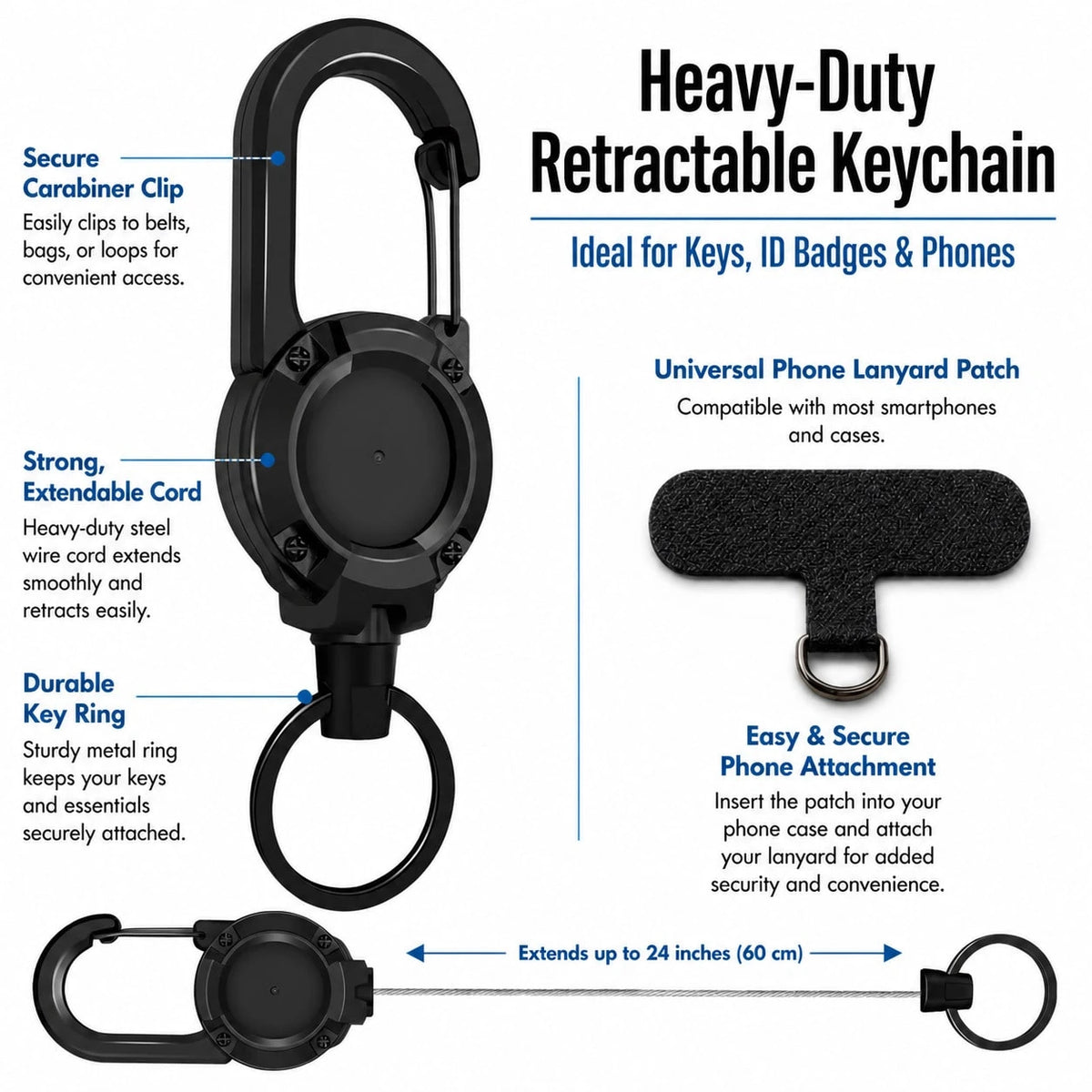 Retractable Phone Lanyard With Heavy Duty Carabiner Clip, Adjustable Anti Lost Wrist Strap And Phone Tether For Smartphones Keys And Bags, Durable Rotating Phone Hanging Strap With Spacer Patch For Tr