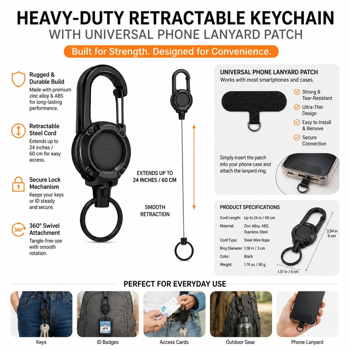 Retractable Phone Lanyard With Heavy Duty Carabiner Clip, Adjustable Anti Lost Wrist Strap And Phone Tether For Smartphones Keys And Bags, Durable Rotating Phone Hanging Strap With Spacer Patch For Tr