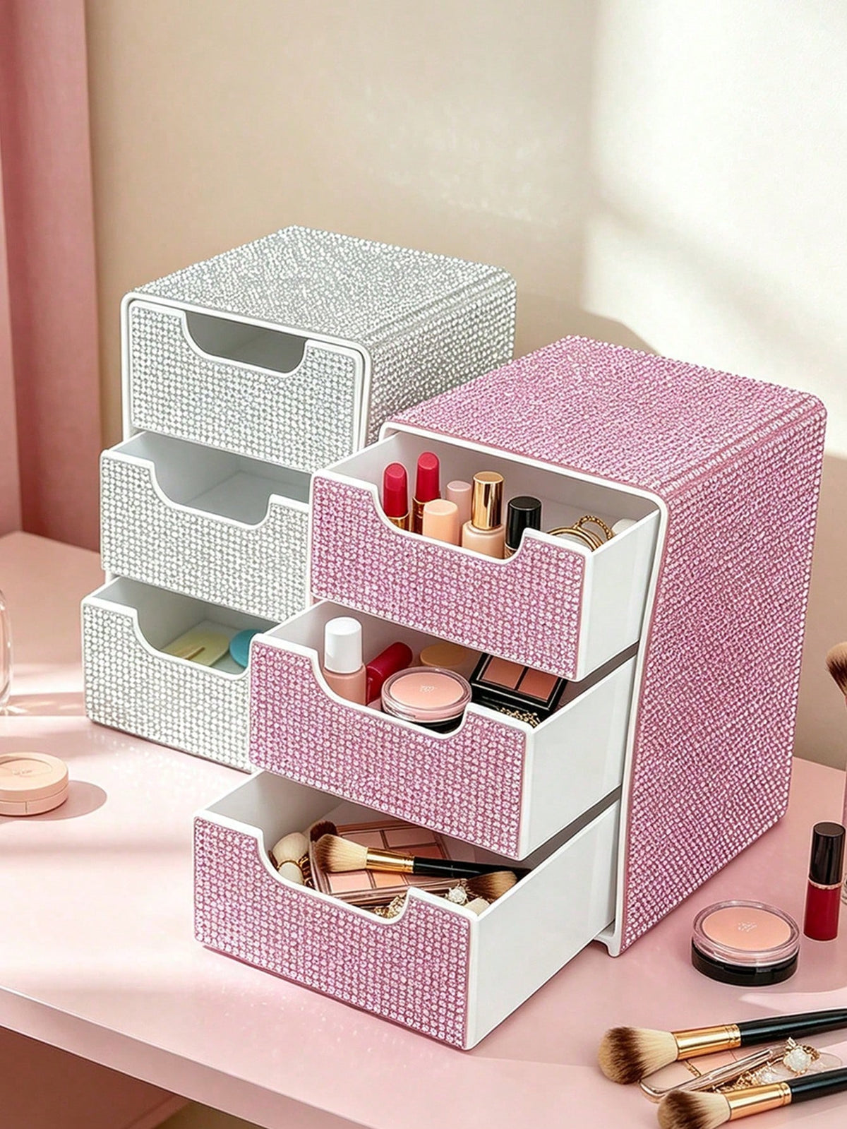 Rhinestone 3-Layer Small Drawer High-End Desktop Storage Box, Jewelry & Cosmetics Organizer, Mini Desktop Drawer Storage Box, Desktop Organizer, Room Decor, Plastic Multi-Layer Jewelry & Cosmetics Sto