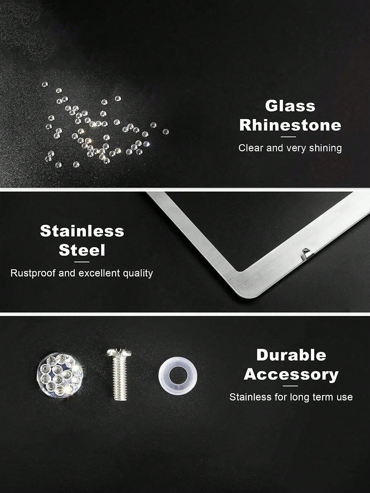 Rhinestone Bling License Plate Frames Rhinestone Sparkle Universal Car Plate Frame Glitter Diamond Crystals,Rhinestone Handcrafted Crystal Premium Stainless Steel, Slim License Plate For Women & Men