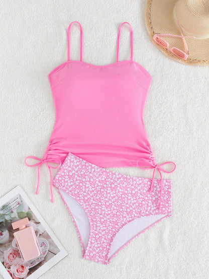 Ribbed Tankini Swimwear Set- Printed Swim Shorts- High Elasticity, Opaque, Machine Washable- Women's Pink Vacation Beach, Modest Summer
