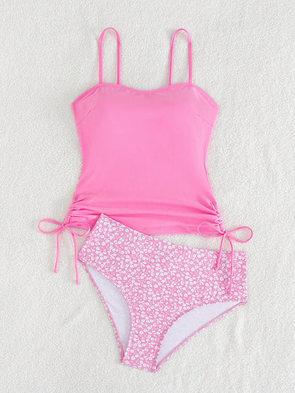 Ribbed Tankini Swimwear Set- Printed Swim Shorts- High Elasticity, Opaque, Machine Washable- Women's Pink Vacation Beach, Modest Summer