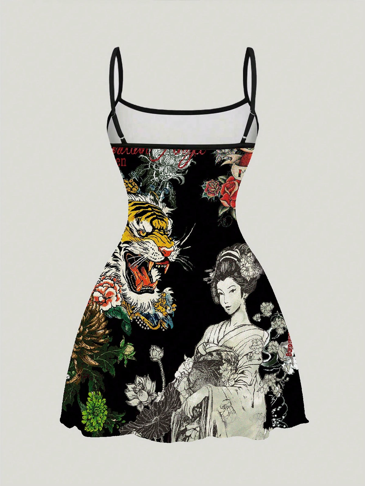 ROMWE Avant New Chinese Style Dark Tiger & Sakura Floral Sexy Dark Allover Print Mini Dress For Women