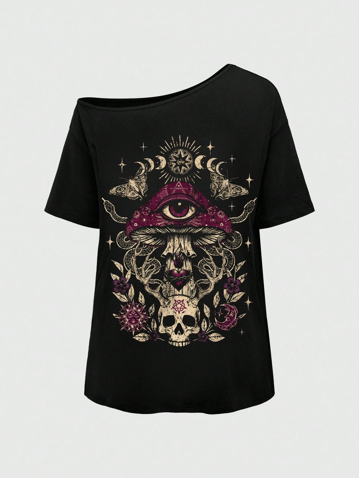 ROMWE Goth Spring/Summer Plus Size Women Plus Size Distressed Mushroom Skull Eye Print One Shoulder T-Shirt