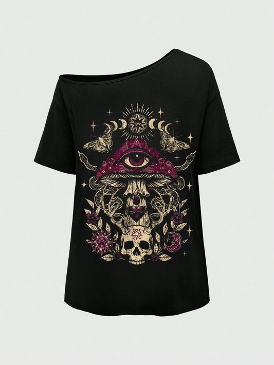 ROMWE Goth Spring/Summer Plus Size Women Plus Size Distressed Mushroom Skull Eye Print One Shoulder T-Shirt