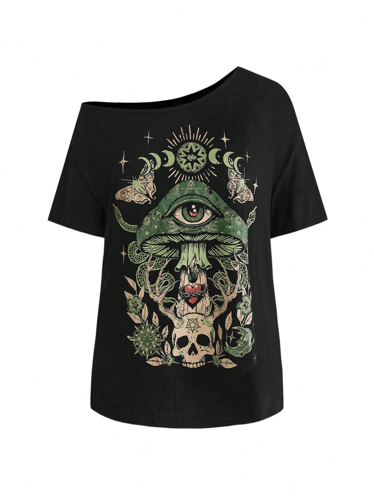 ROMWE Goth Spring/Summer Plus Size Women Plus Size Distressed Mushroom Skull Eye Print One Shoulder T-Shirt