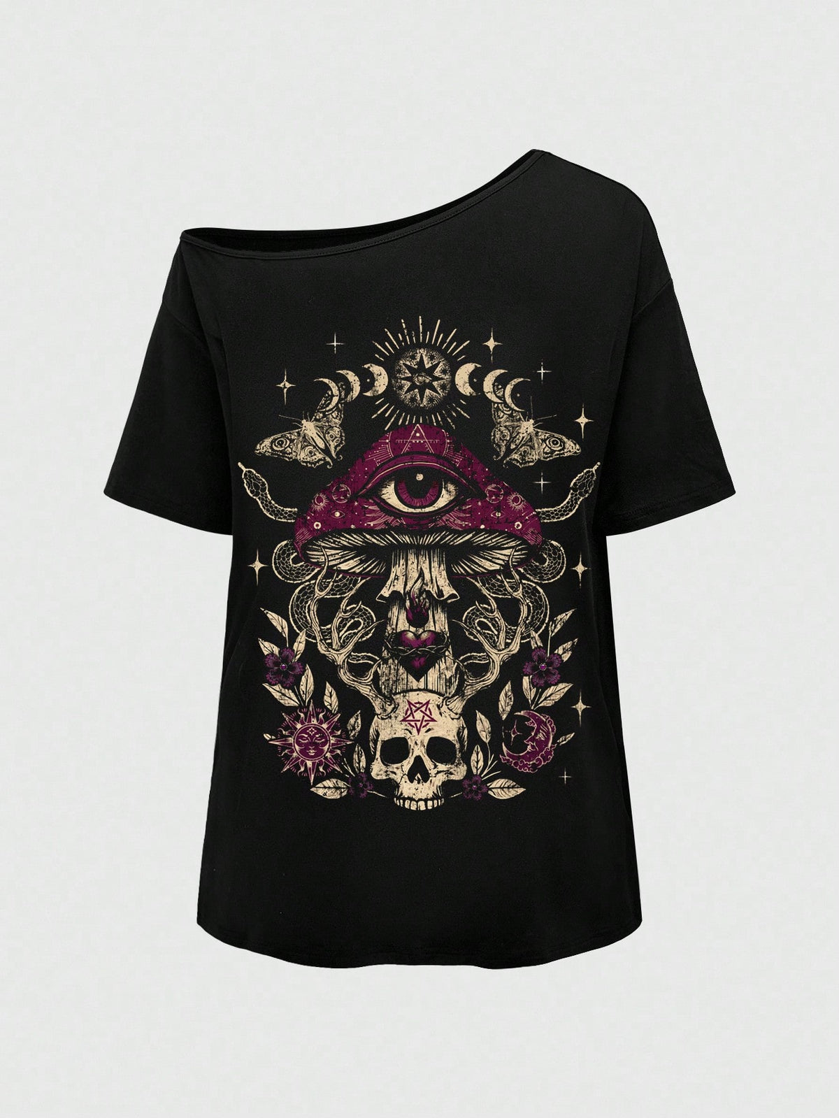 ROMWE Goth Spring/Summer Plus Size Women Plus Size Distressed Mushroom Skull Eye Print One Shoulder T-Shirt