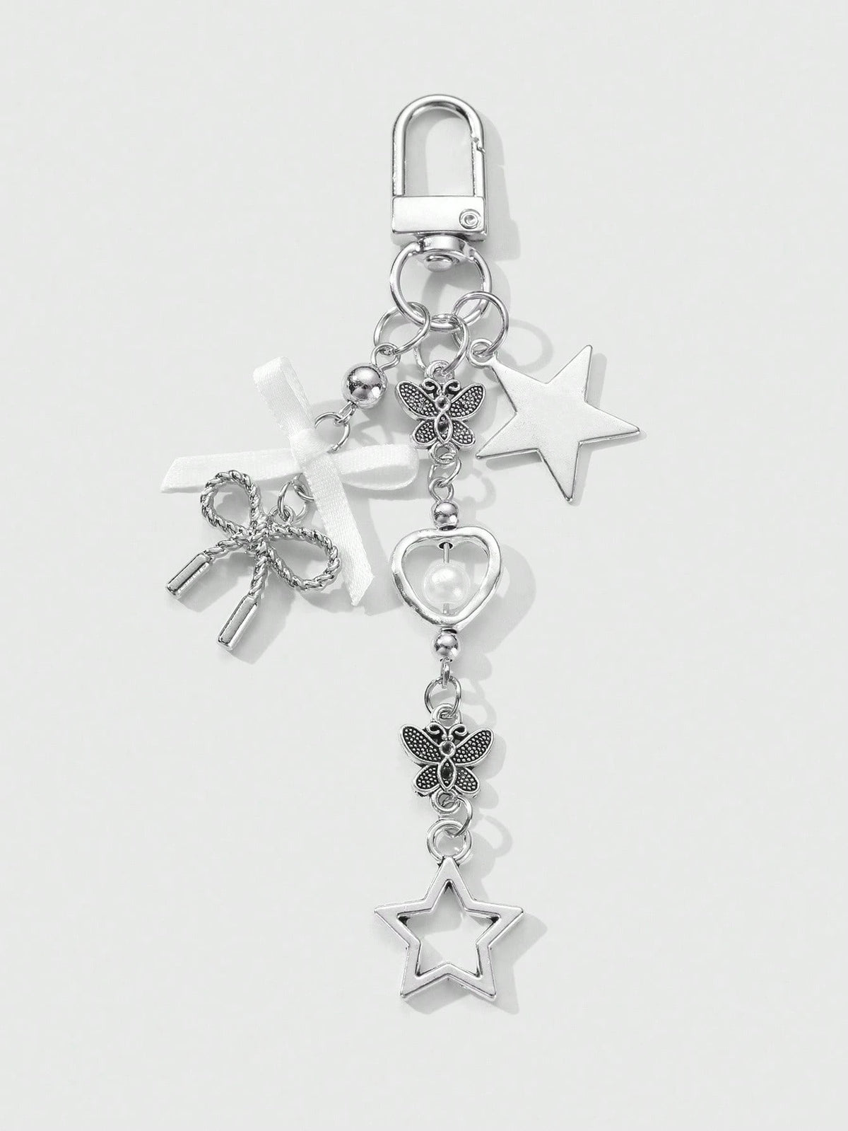 ROMWE Kawaii 1pc Y2K Minimalist High-End Silver Butterfly Faux Pearl Hollow Heart Star Woven Bow DIY Keychain Bag Charm, Suitable For Women/Girls Daily Wear, Holiday Gift