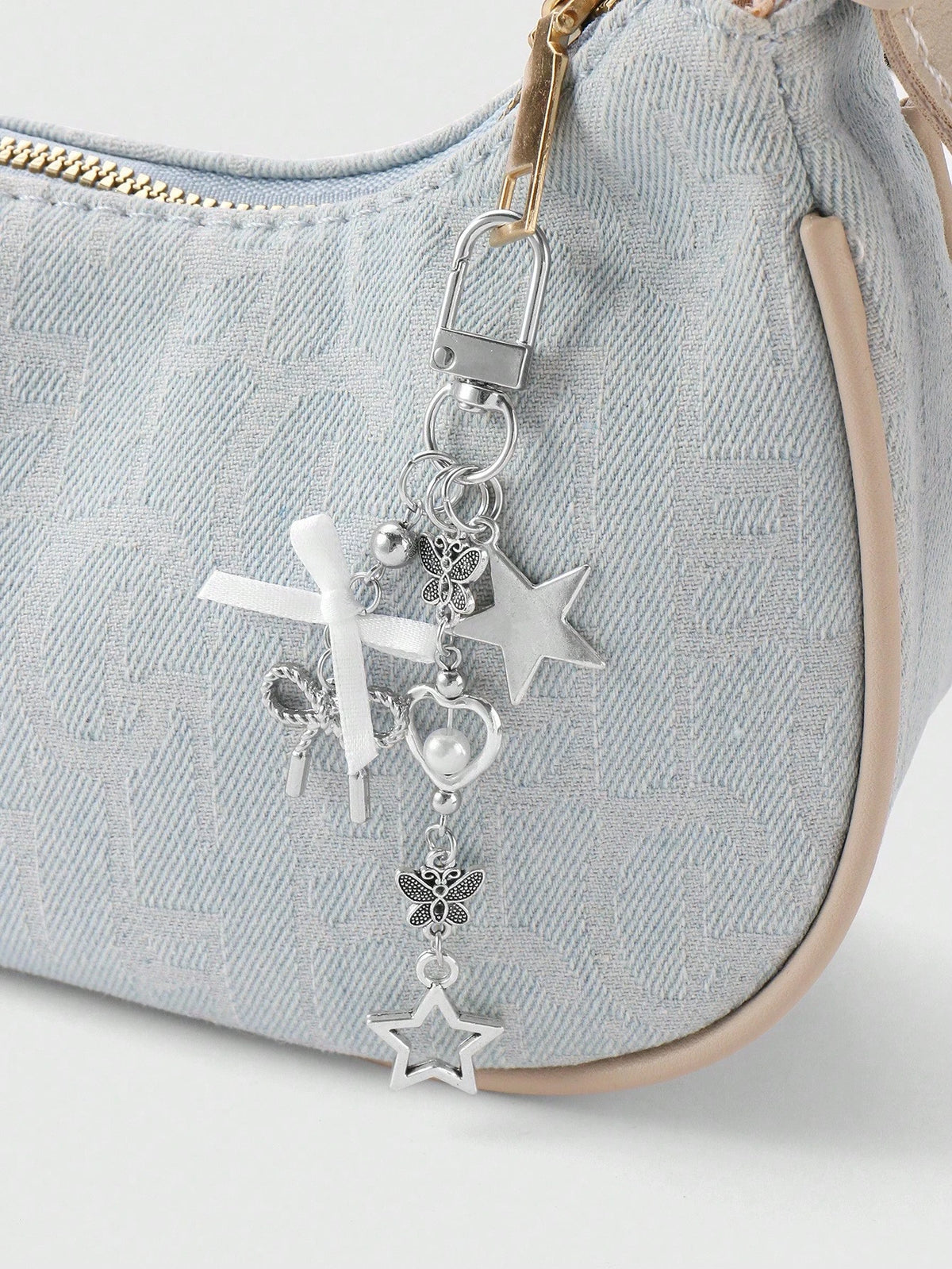 ROMWE Kawaii 1pc Y2K Minimalist High-End Silver Butterfly Faux Pearl Hollow Heart Star Woven Bow DIY Keychain Bag Charm, Suitable For Women/Girls Daily Wear, Holiday Gift