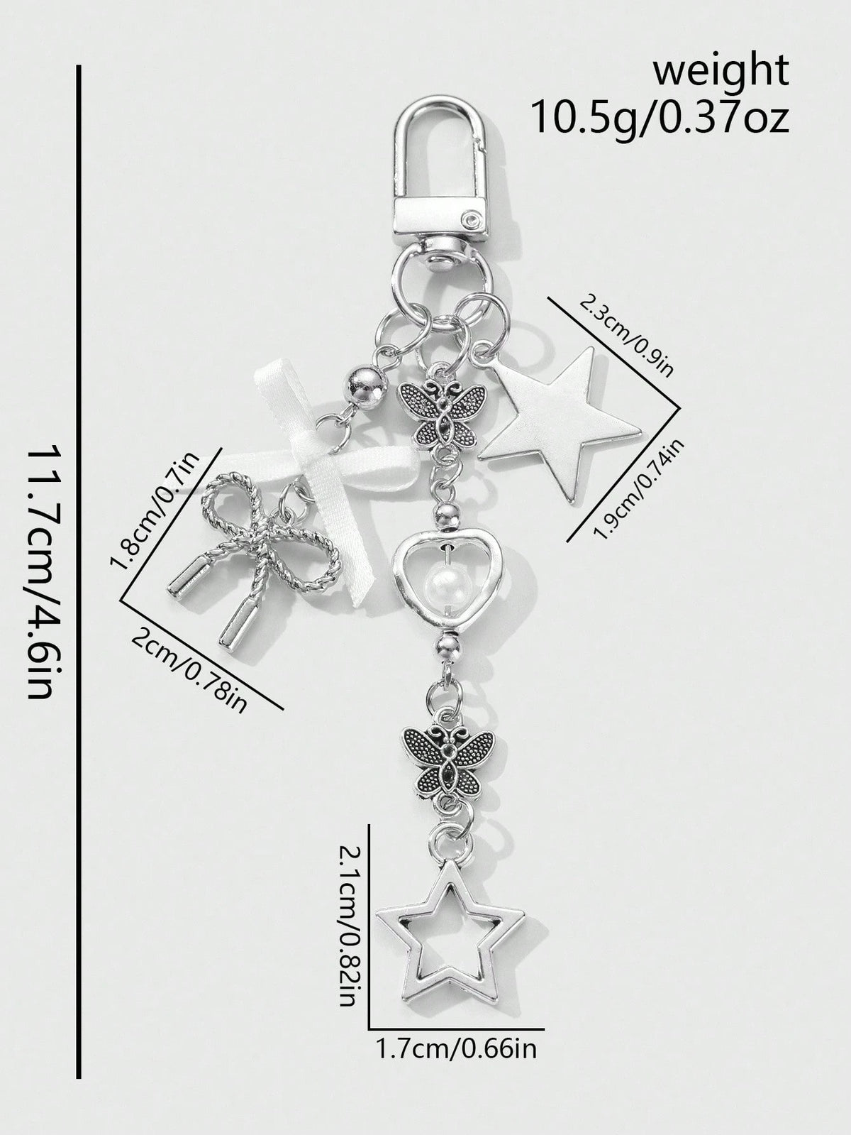 ROMWE Kawaii 1pc Y2K Minimalist High-End Silver Butterfly Faux Pearl Hollow Heart Star Woven Bow DIY Keychain Bag Charm, Suitable For Women/Girls Daily Wear, Holiday Gift