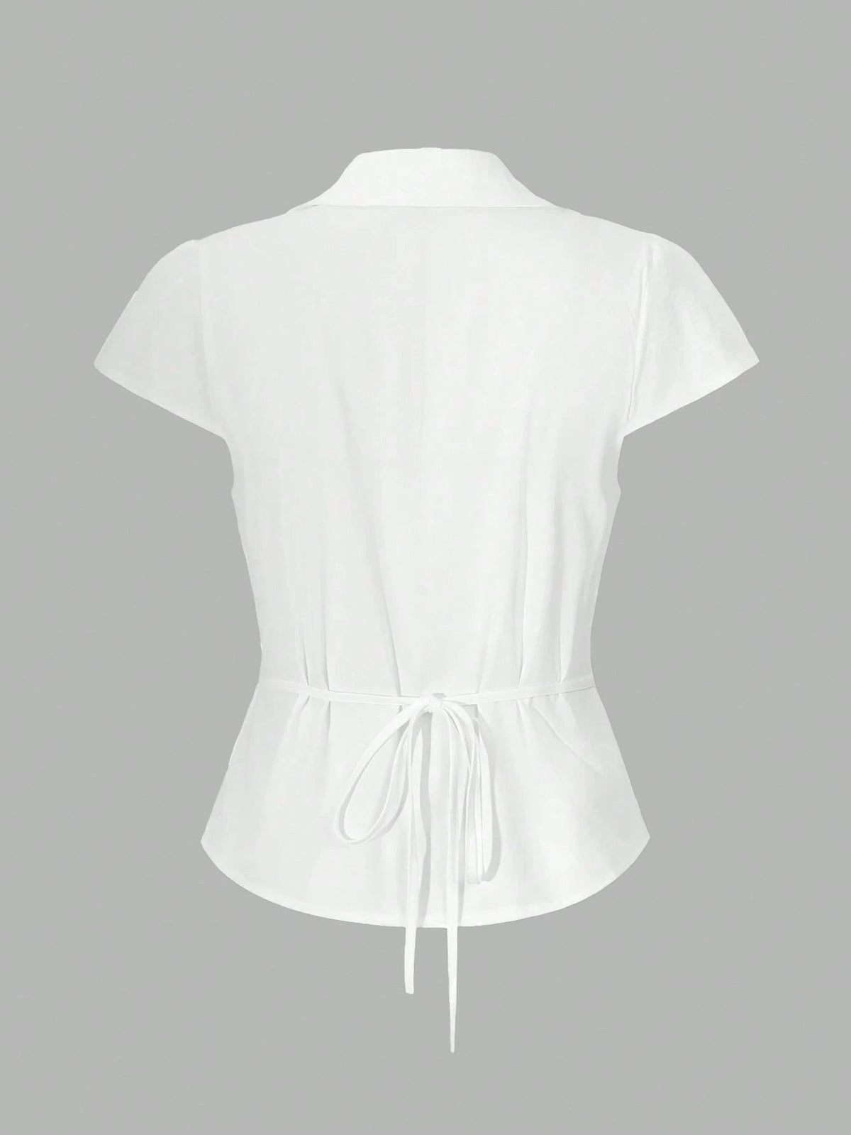 SCARLUX Summer&Fall Y2K Women Solid White Back Tie Short Sleeve Blouse, Slim Fitted Top For Back To School Street Wear