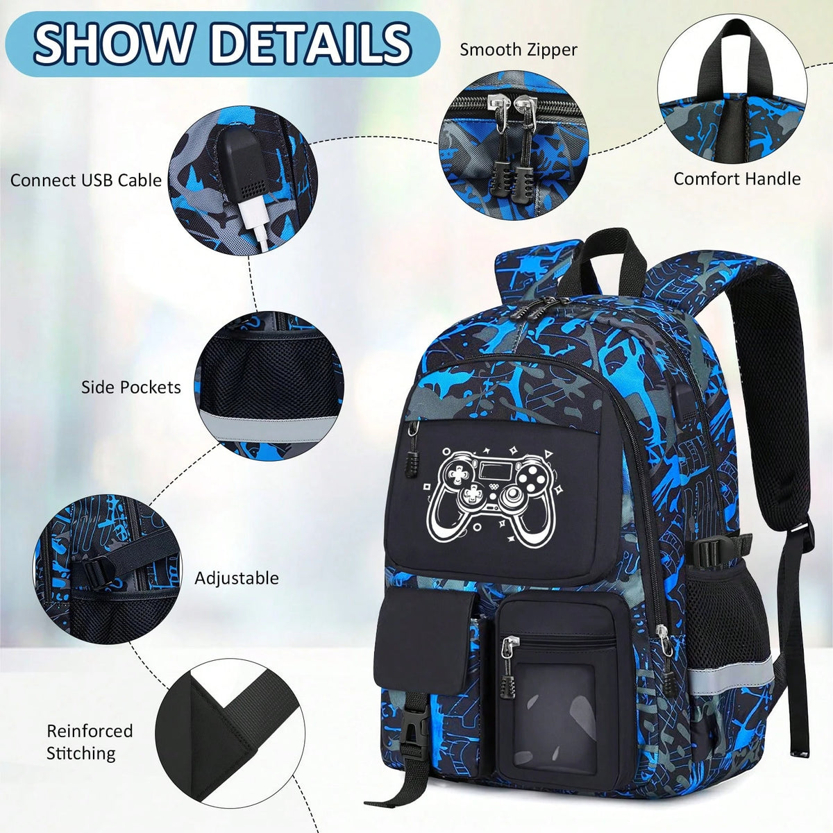 School Backpack For Boys- Gamer Boys Backpack For Kids Children Teens Elementary Middle School Students- 18" Large Capacity School Bookbag