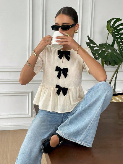 Serisse Women's Elegant French Black And White Bow Decor Blouse, 100 Pure Cotton Jacquard Ruffle Hem Top, Sweet Short Sleeve Shirt Summer Tea Party Wedding