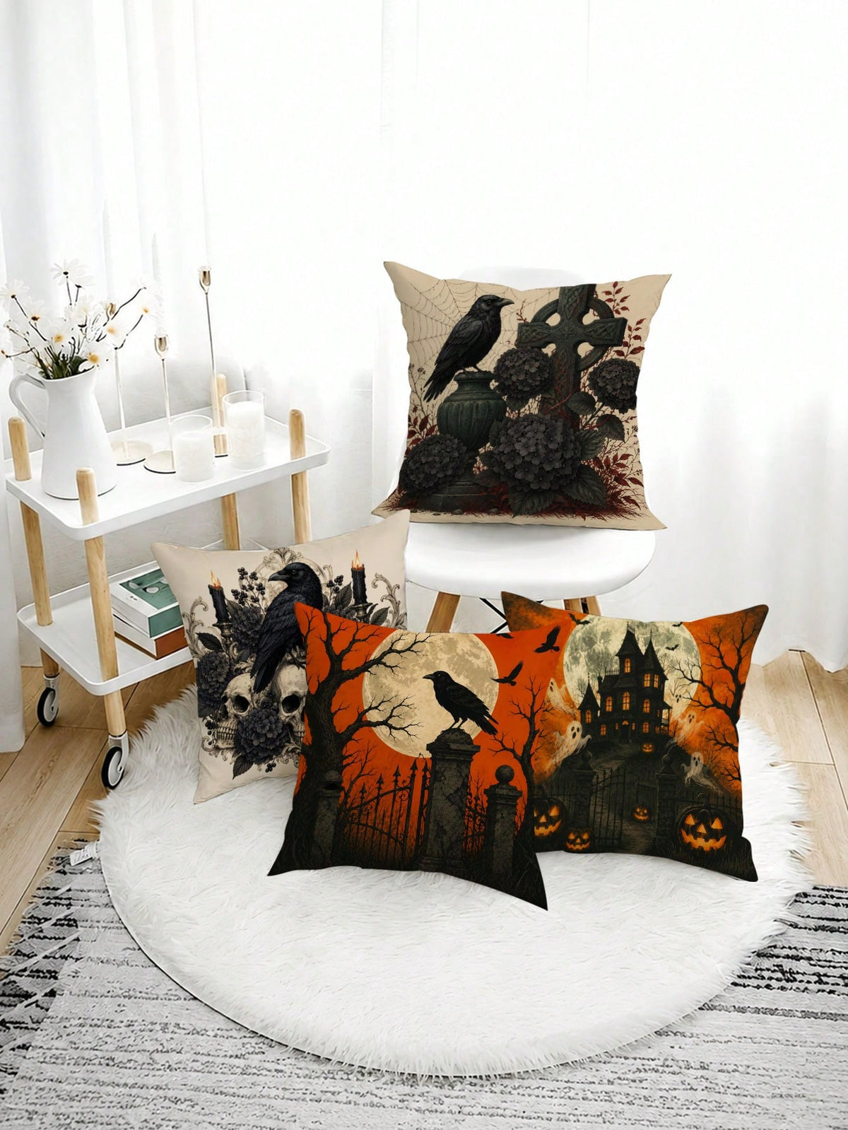 Set Of 4 Halloween Pillow Covers, Gothic Crow Moon Theme Fabric Decor For Autumn Party Decoration