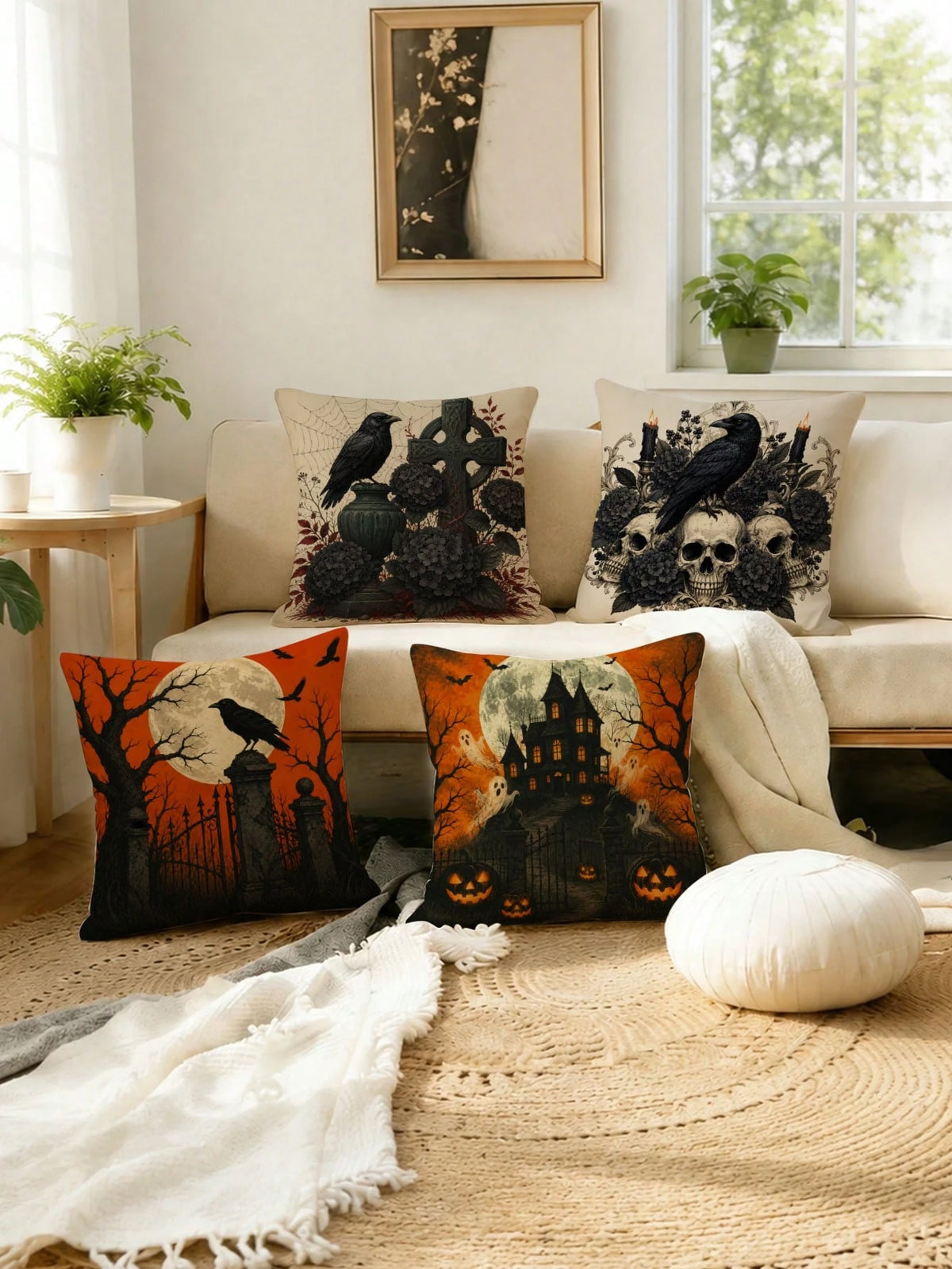 Set Of 4 Halloween Pillow Covers, Gothic Crow Moon Theme Fabric Decor For Autumn Party Decoration