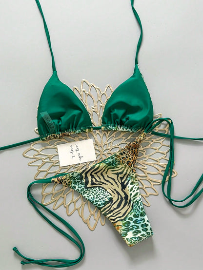 Sexy Leopard Print Bikini Two Pieces Set For Women Vacation Beach Summer Brown