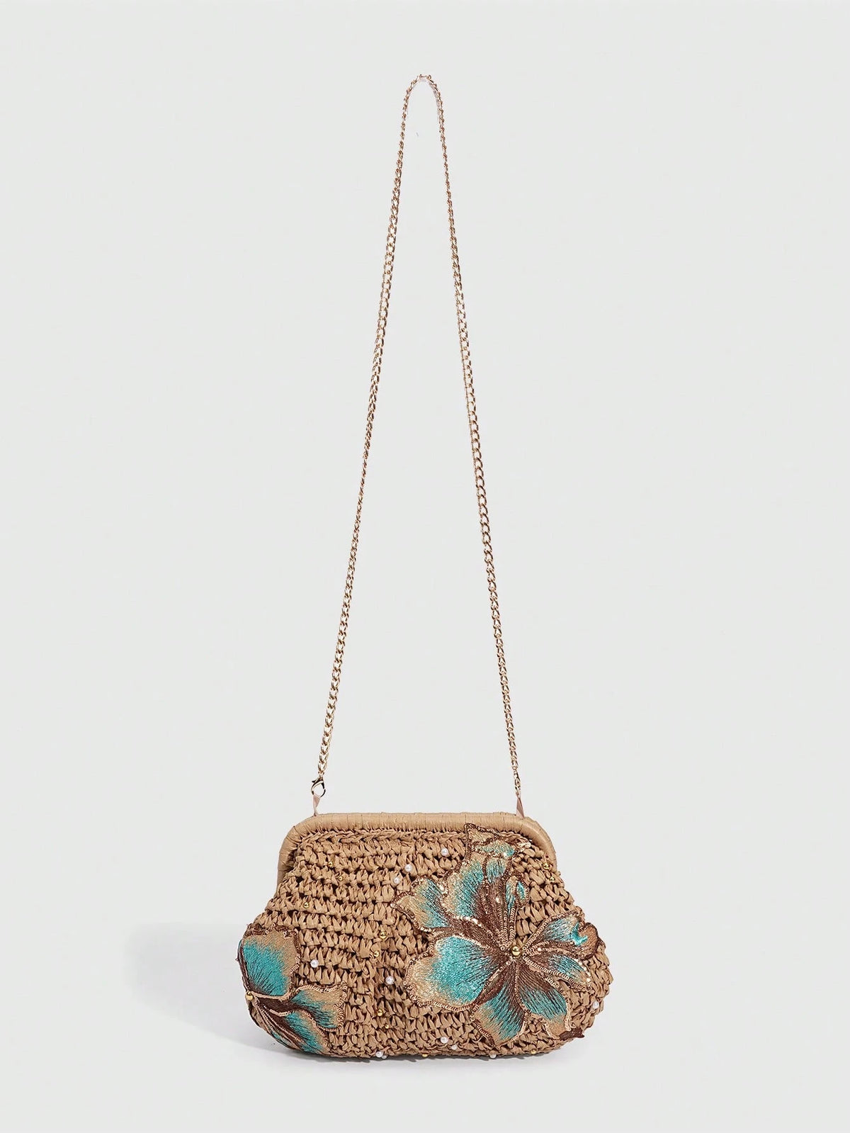 SHECARRY 1Pc Vacation Style  Sequin Flower Clasp Dumpling Bag,A Tropical Beach Clutch, Spring Summer Straw Bag,A Fashion Chain Crossbody Bag For Women,Holiday