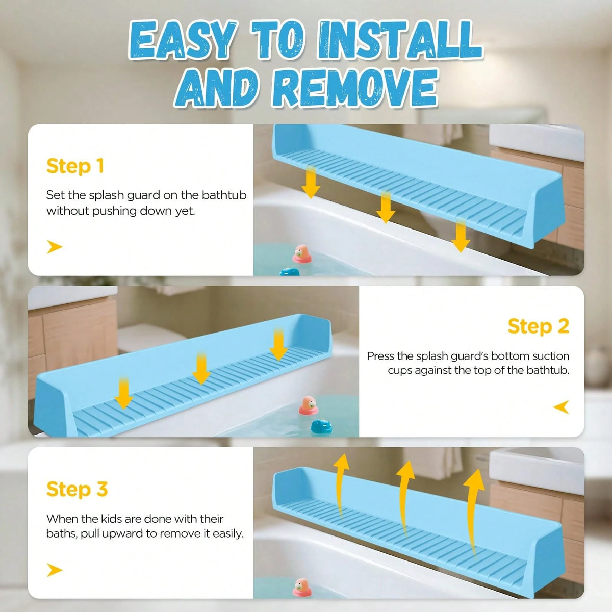 Silicone Bathtub Splash Guard, Bath Toy Organizer With 11 Strong Suction Cups, Foldable For Easy Storage, Prevents Water From Splashing Out. Fun Bath Time For Toddlers And Babies, Available In Three C